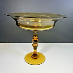 Vintage Amber Glass Pedestal Compote Candy Dish Mid Century Pressed Glass